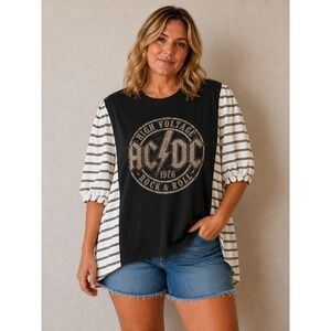 ACDC High Voltage Rock Roll 1976 Upcycled Graphic Striped PUff sleeve Top O/S